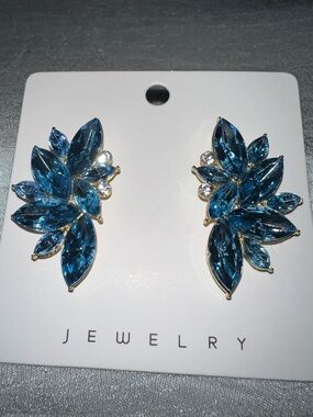 Unk Blue Crystal Leaf Cluster Earrings with Gold Accents